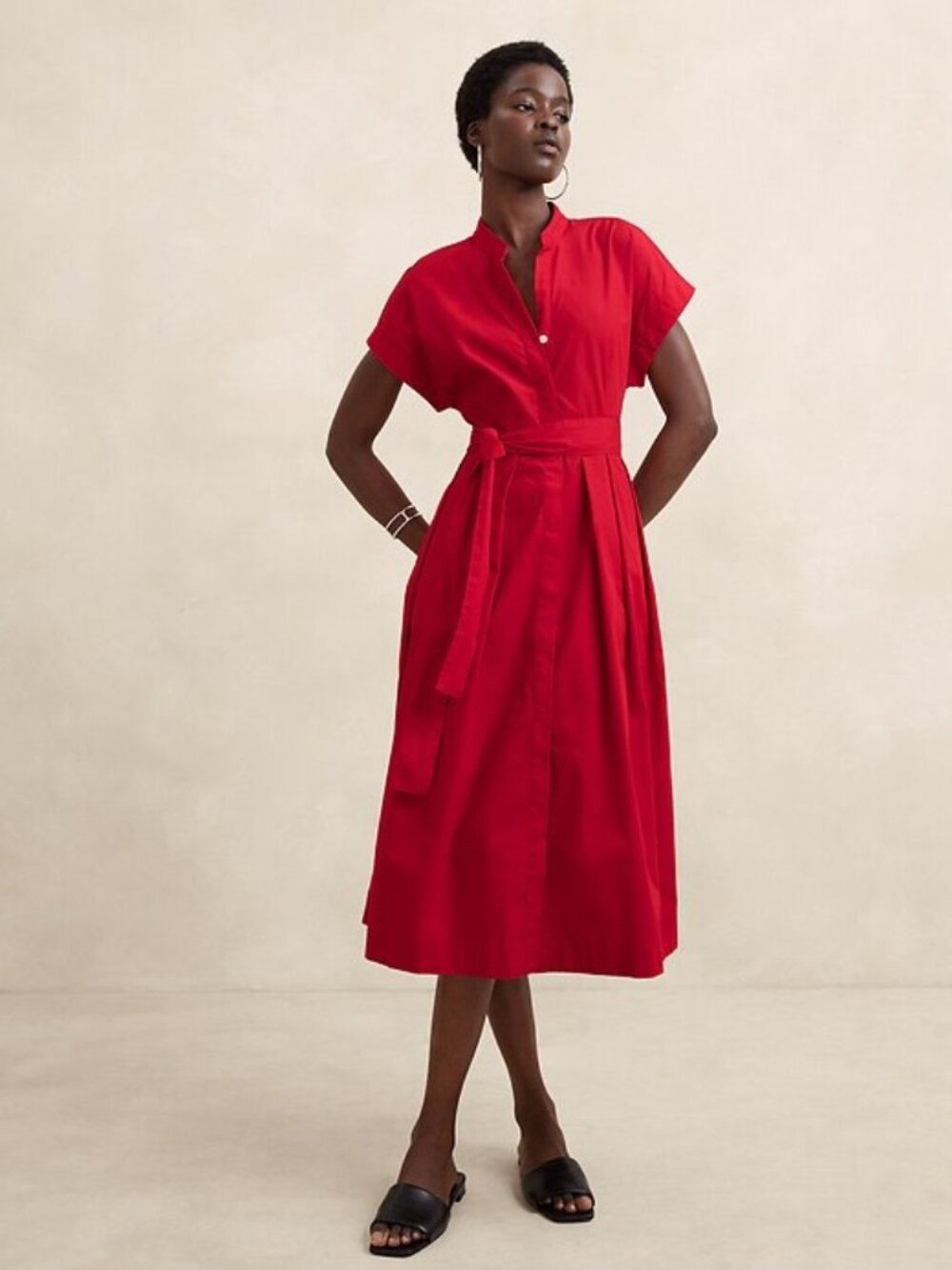BANANA REPUBLIC FACTORY Women's Poplin Tie-Waist Midi Dress Sz XS in Red Sunset